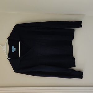 Cece Navy Blue Collared Long Puff Sleeve Sweater Shirt